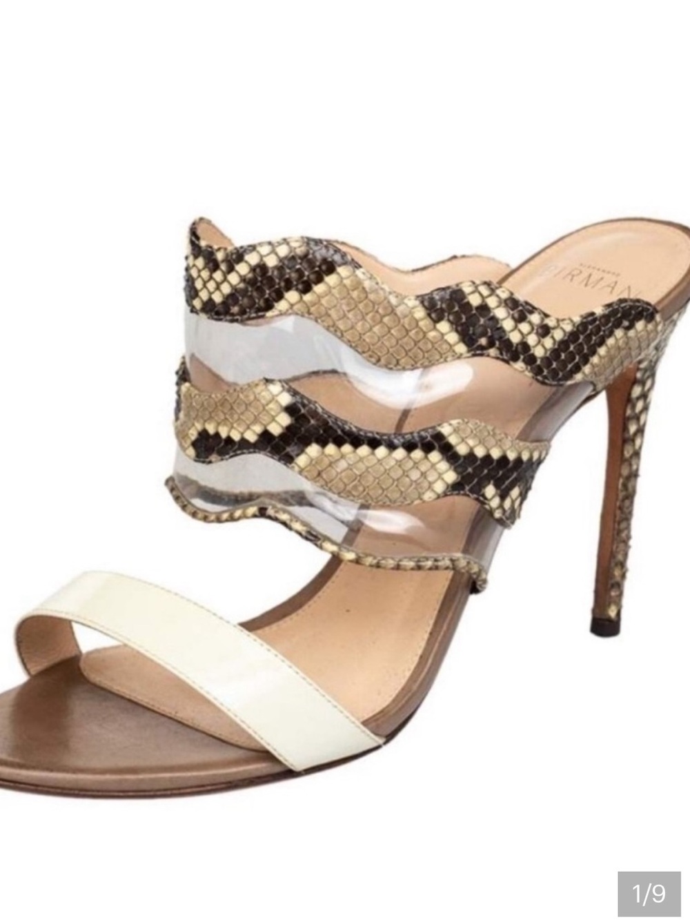 Alexandre Birman Ivory Patent Python PVC Open Toe High Heel Slide Sandals 39